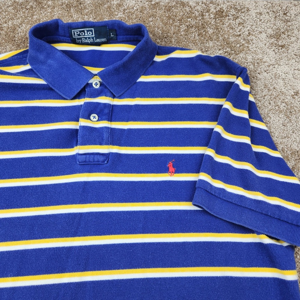 Polo Ralph Lauren Mens Large Blue Yellow White Striped Short Sleeve Polo Shirt
